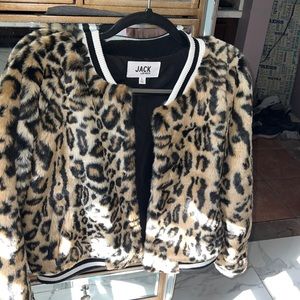 Jack by BB Dakota Leopard Faux Fur Bomber Jacket in Black & Tan